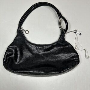 Vtg Arpiel Women Medium Black 100% Leather Shoulder Bag With White Cat Charm